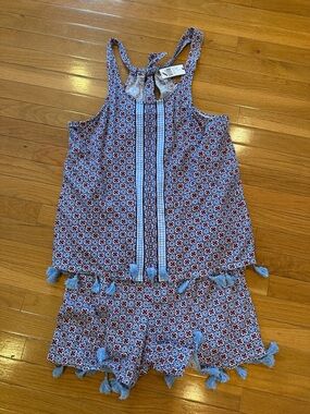 Womens Printed Tassel Tank & Short Set - Blue, coral, White